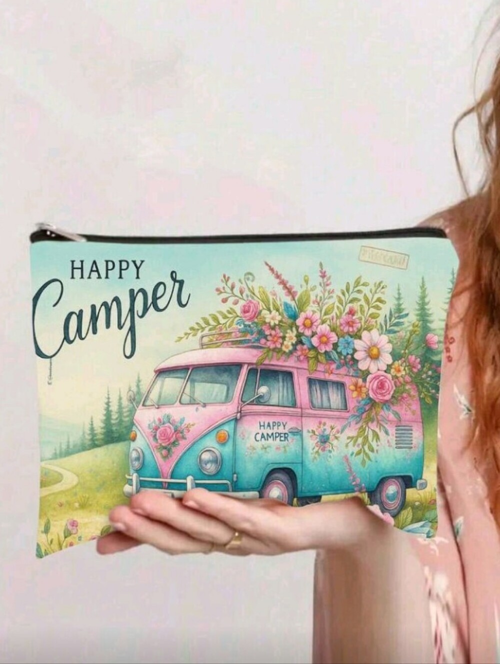 Happy Camper Floral Camper Travel Cosmetic Bag Teal Pink Zipper Pouch Summer